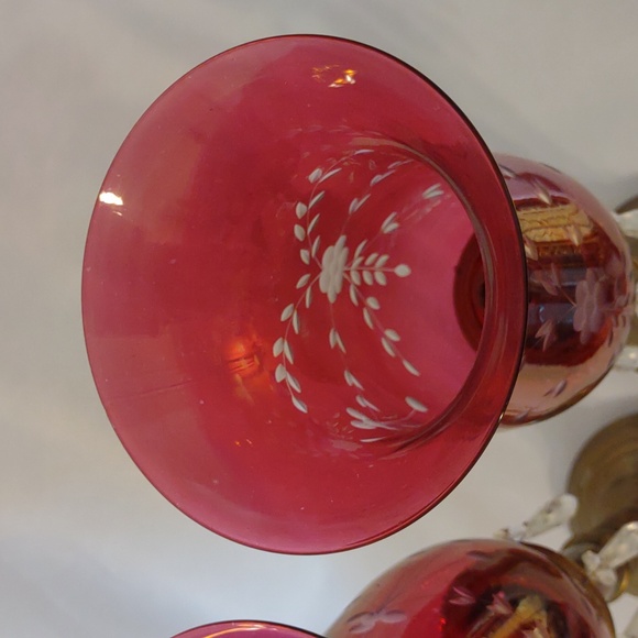 Antique Russian Brass Spring Loaded Candle Holders w/Etched Cranberry Globes - Picture 5 of 13